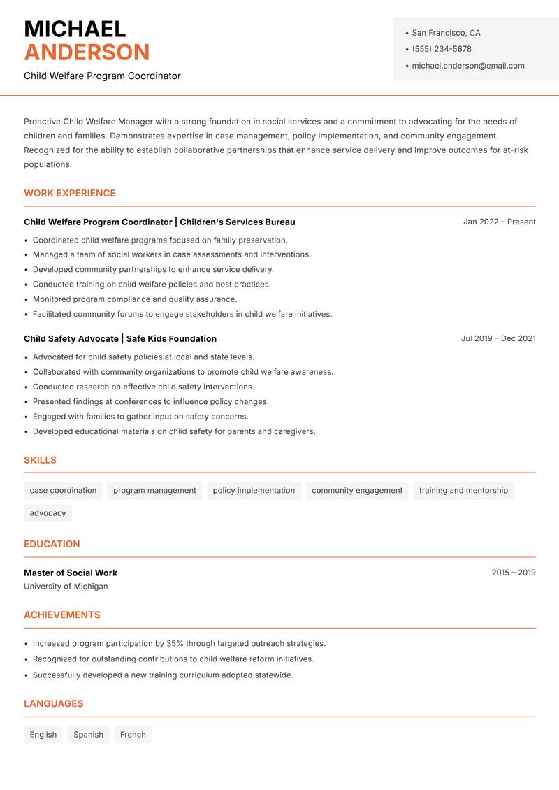 Child Welfare Manager resume template — Modern Professional