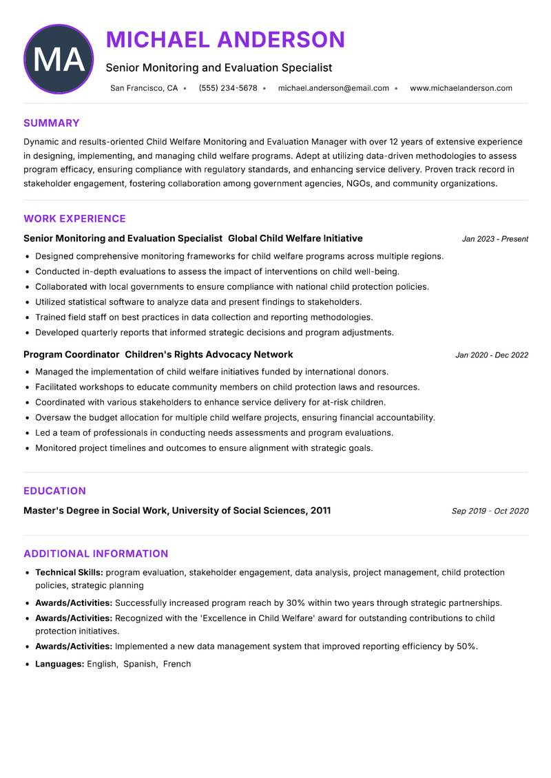 Child Welfare Monitoring and Evaluation Manager resume example — ATS-friendly template