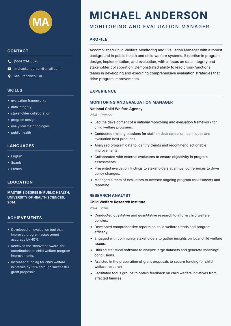Child Welfare Monitoring and Evaluation Manager resume template — Classic Clean