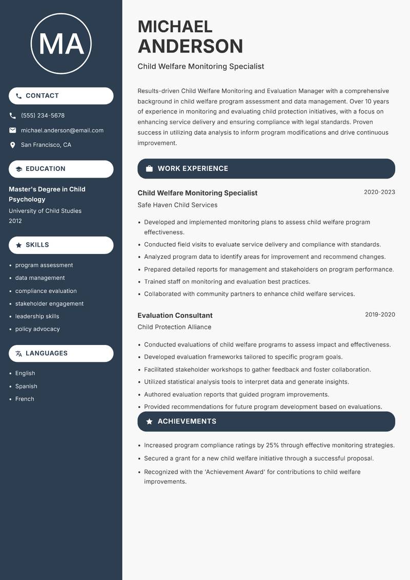 Child Welfare Monitoring and Evaluation Manager resume template — Compact