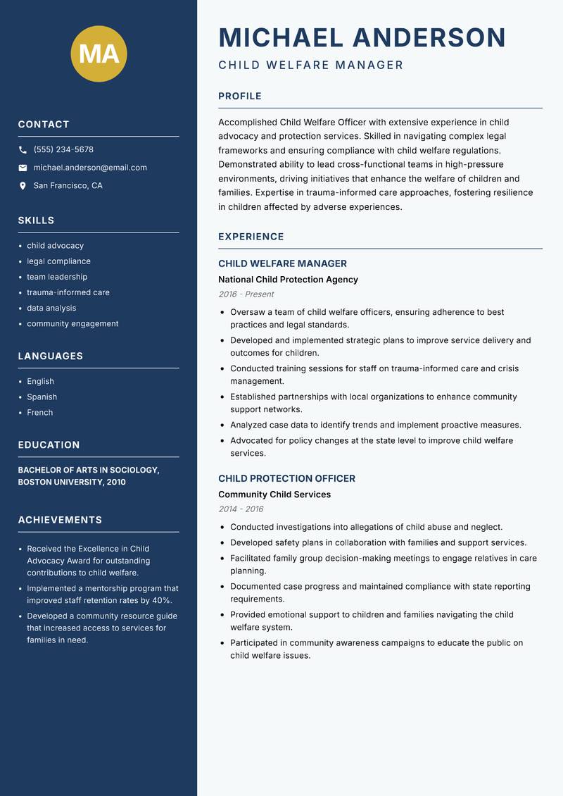 Child Welfare Officer resume template — Classic Clean