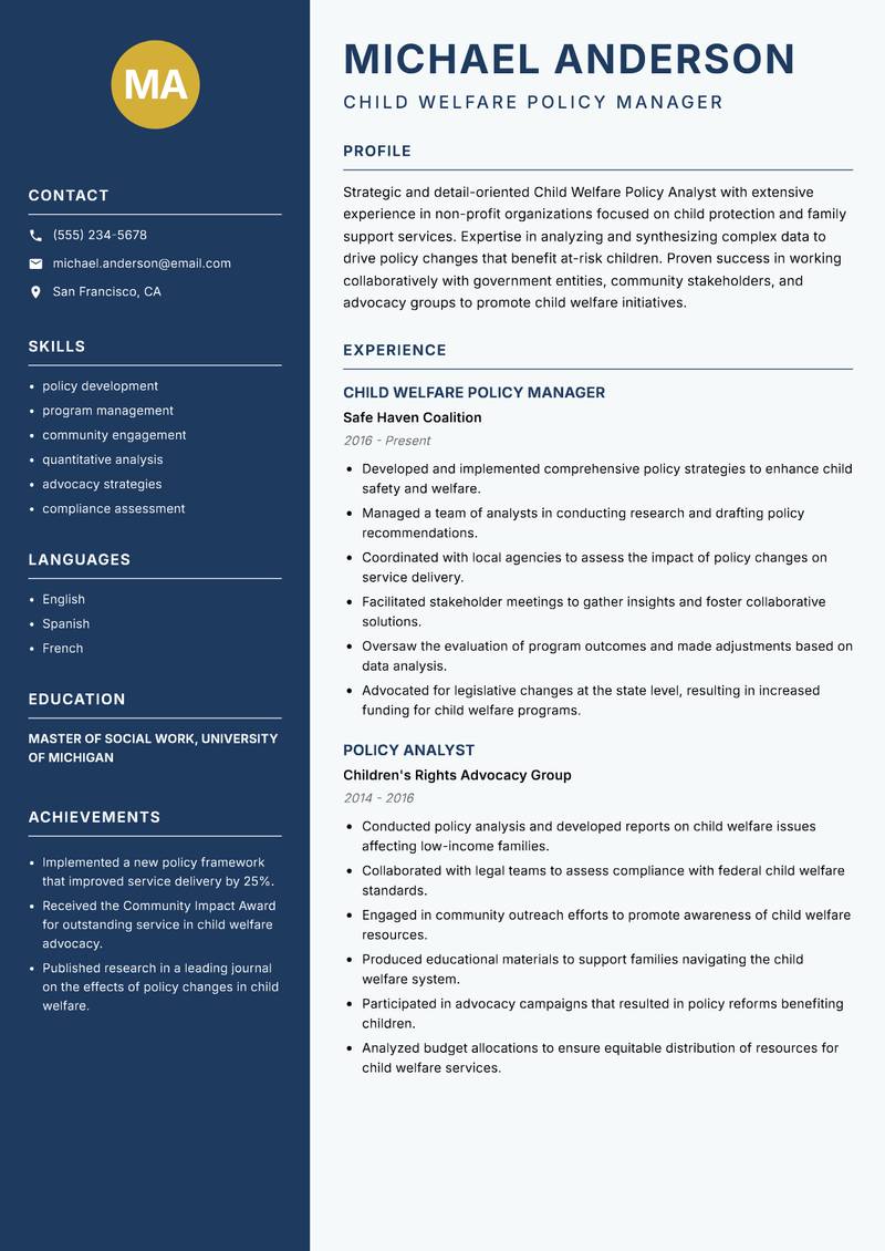 Child Welfare Policy Analyst resume template — Classic Clean