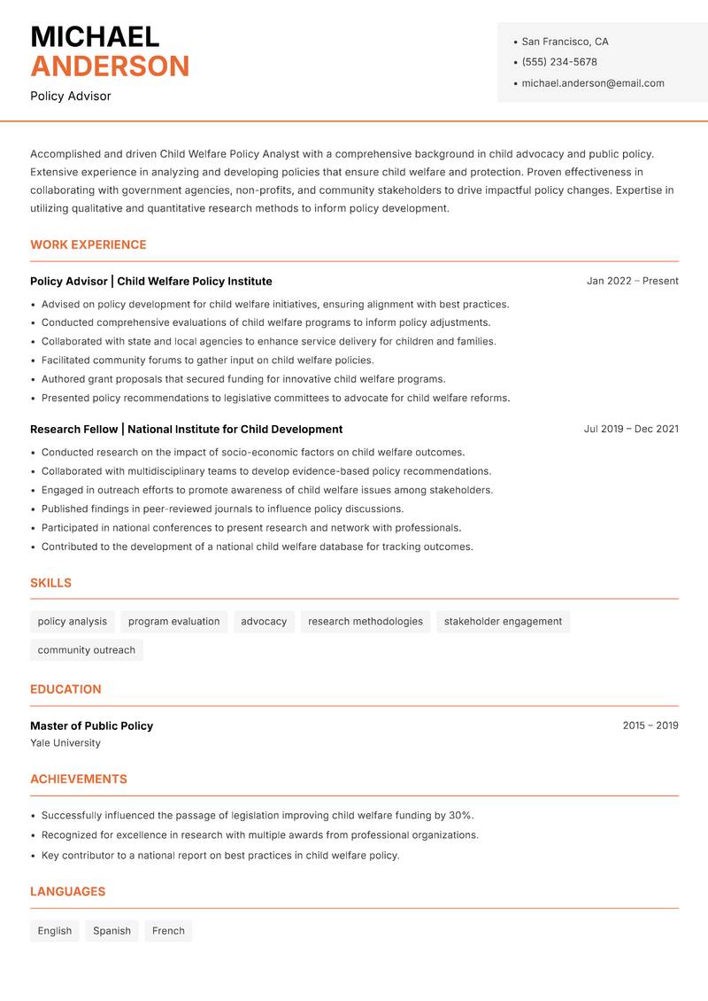 Child Welfare Policy Analyst resume template — Modern Professional