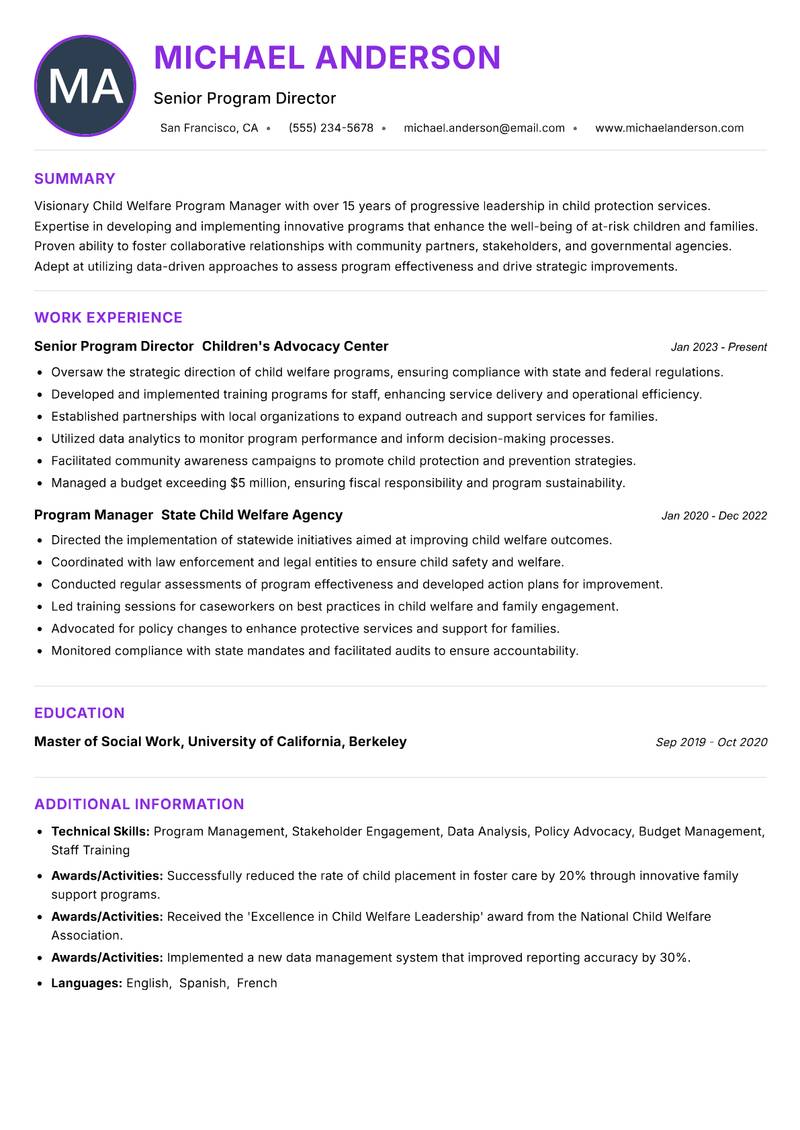Child Welfare Program Manager resume example — ATS-friendly template
