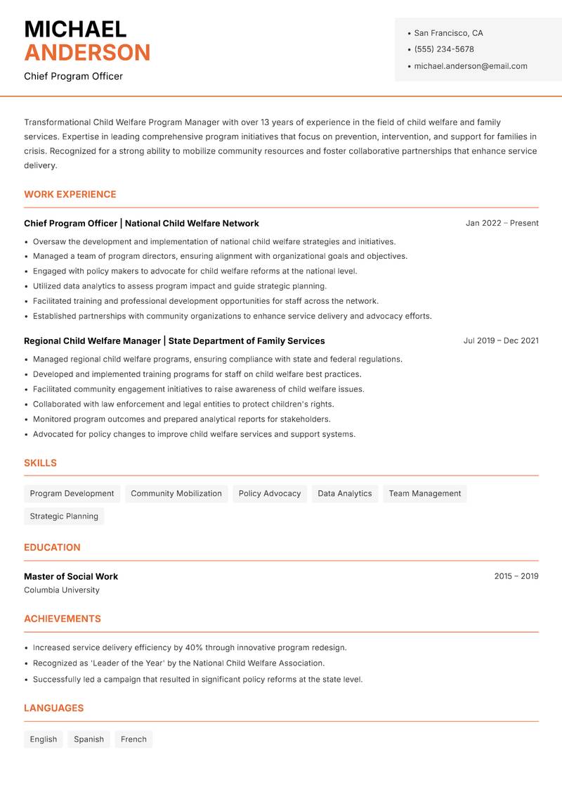 Child Welfare Program Manager resume template — Modern Professional