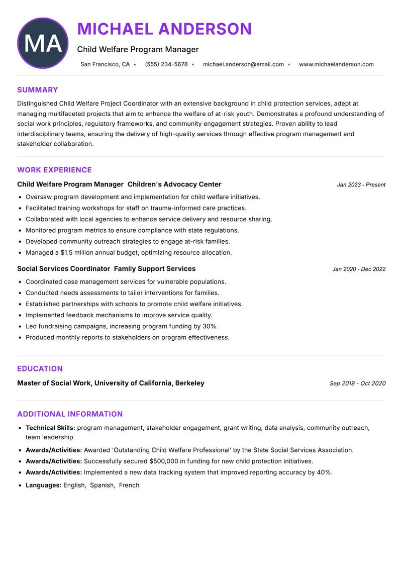 Child Welfare Project Coordinator resume example — ATS-friendly template