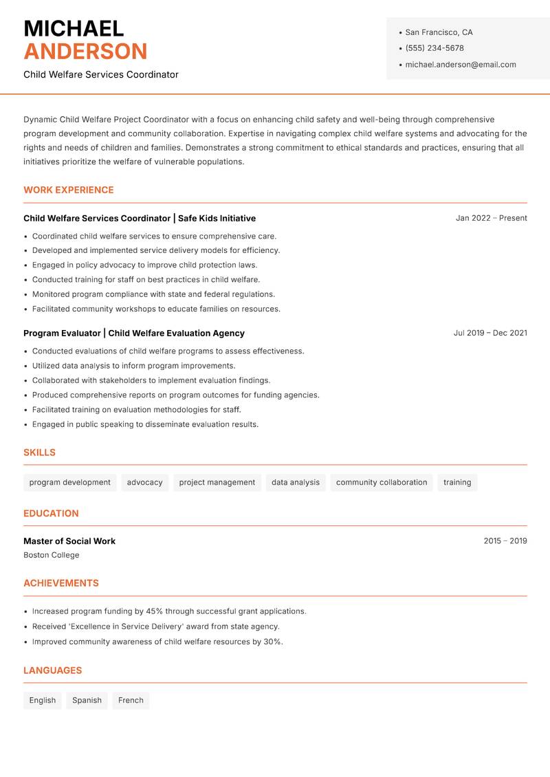 Child Welfare Project Coordinator resume template — Modern Professional