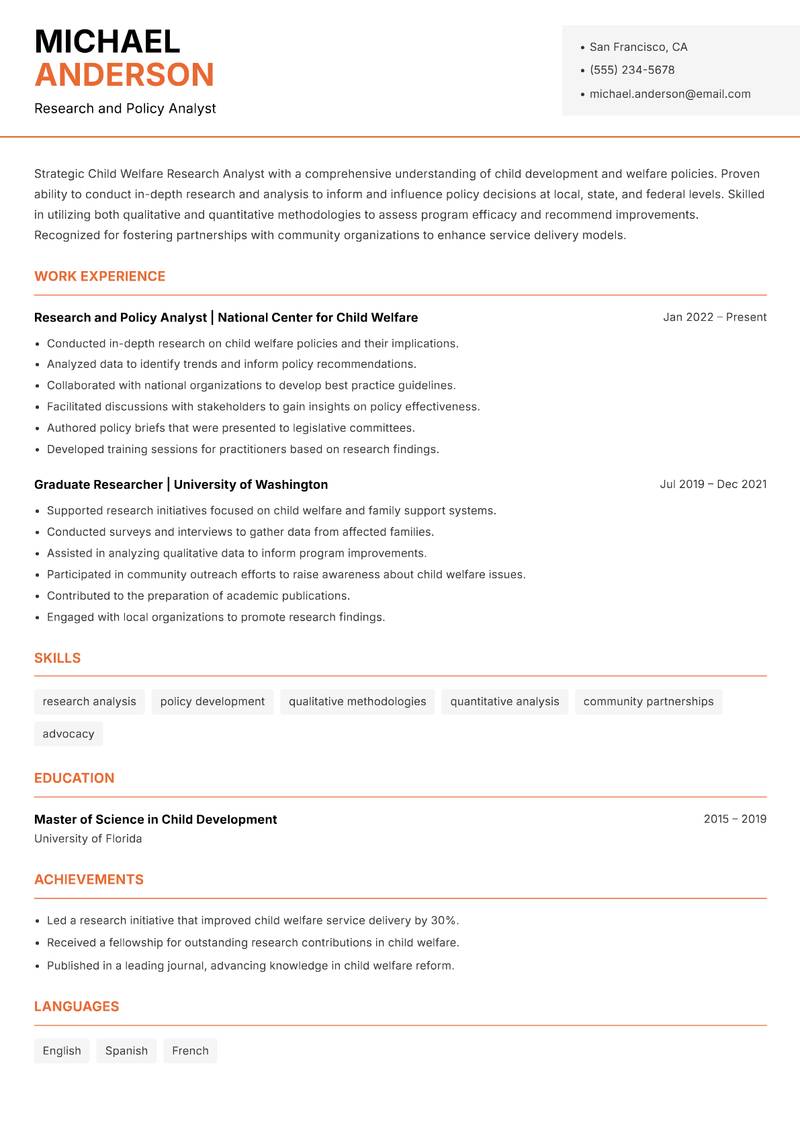 Child Welfare Research Analyst resume template — Modern Professional