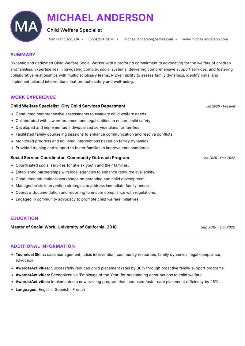 Child Welfare Social Worker resume example — ATS-friendly template