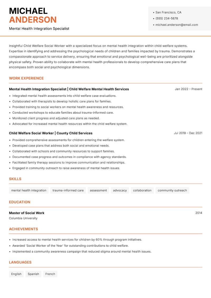 Child Welfare Social Worker resume template — Modern Professional