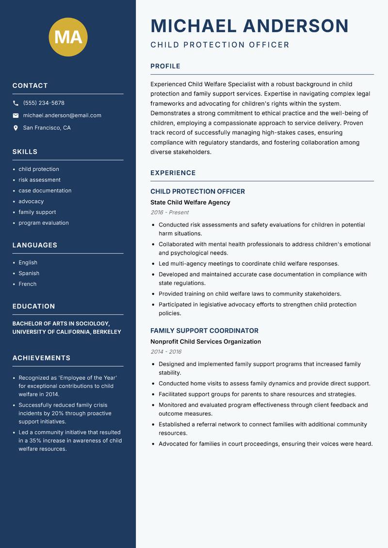Child Welfare Specialist resume template — Classic Clean