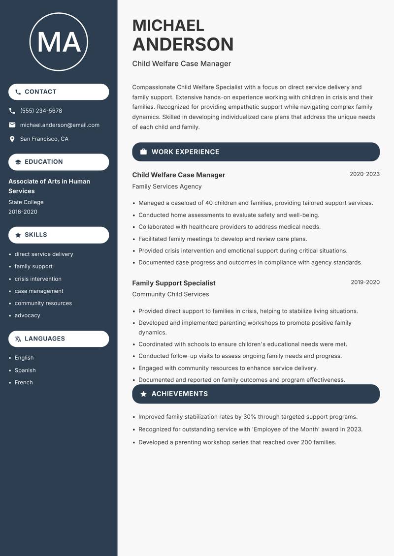 Child Welfare Specialist resume template — Compact