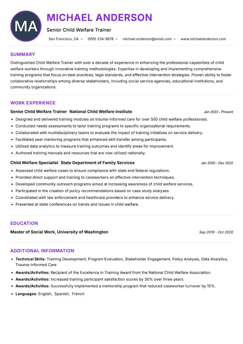 Child Welfare Trainer resume example — ATS-friendly template