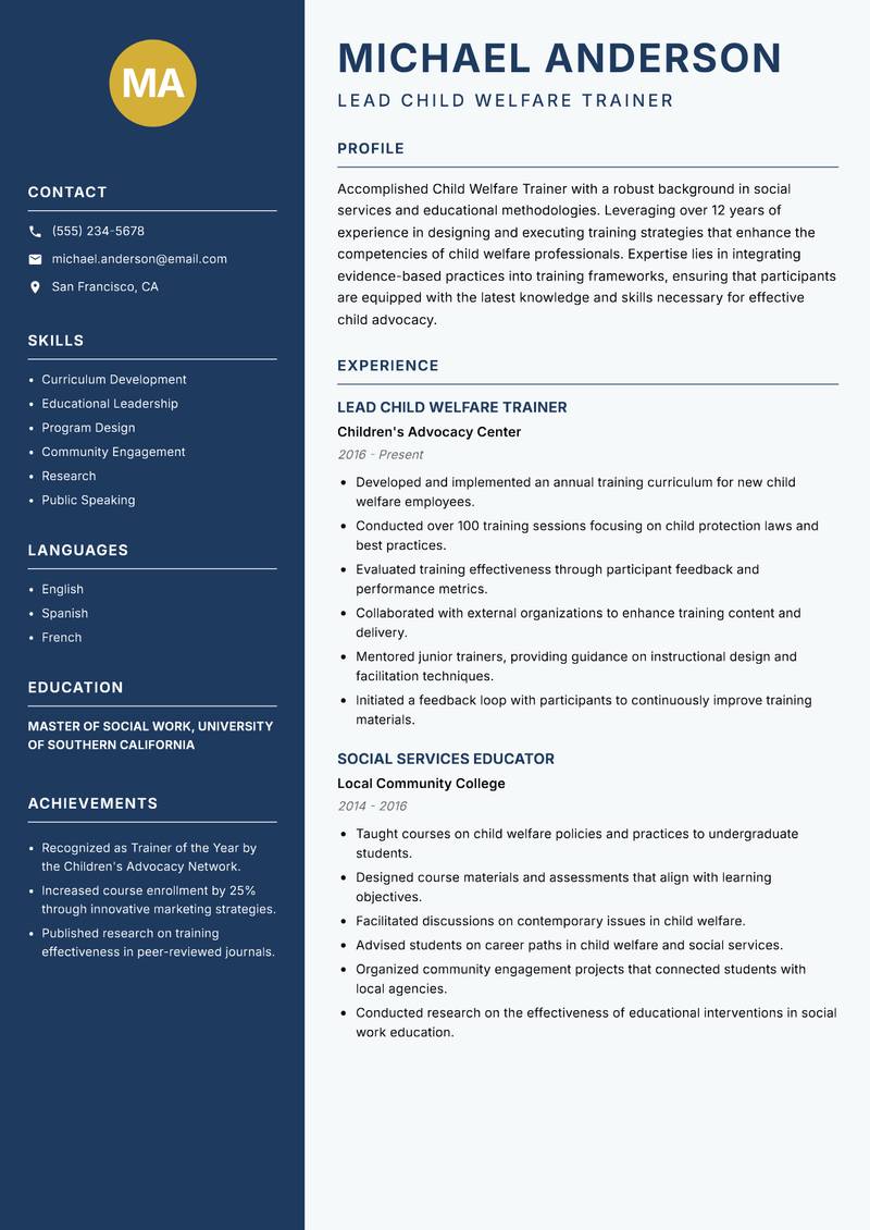Child Welfare Trainer resume template — Classic Clean
