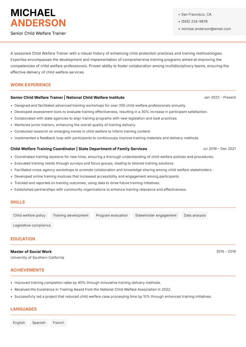 Child Welfare Trainer resume template — Modern Professional