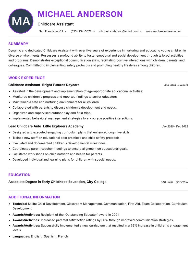 Childcare Assistant resume example — ATS-friendly template