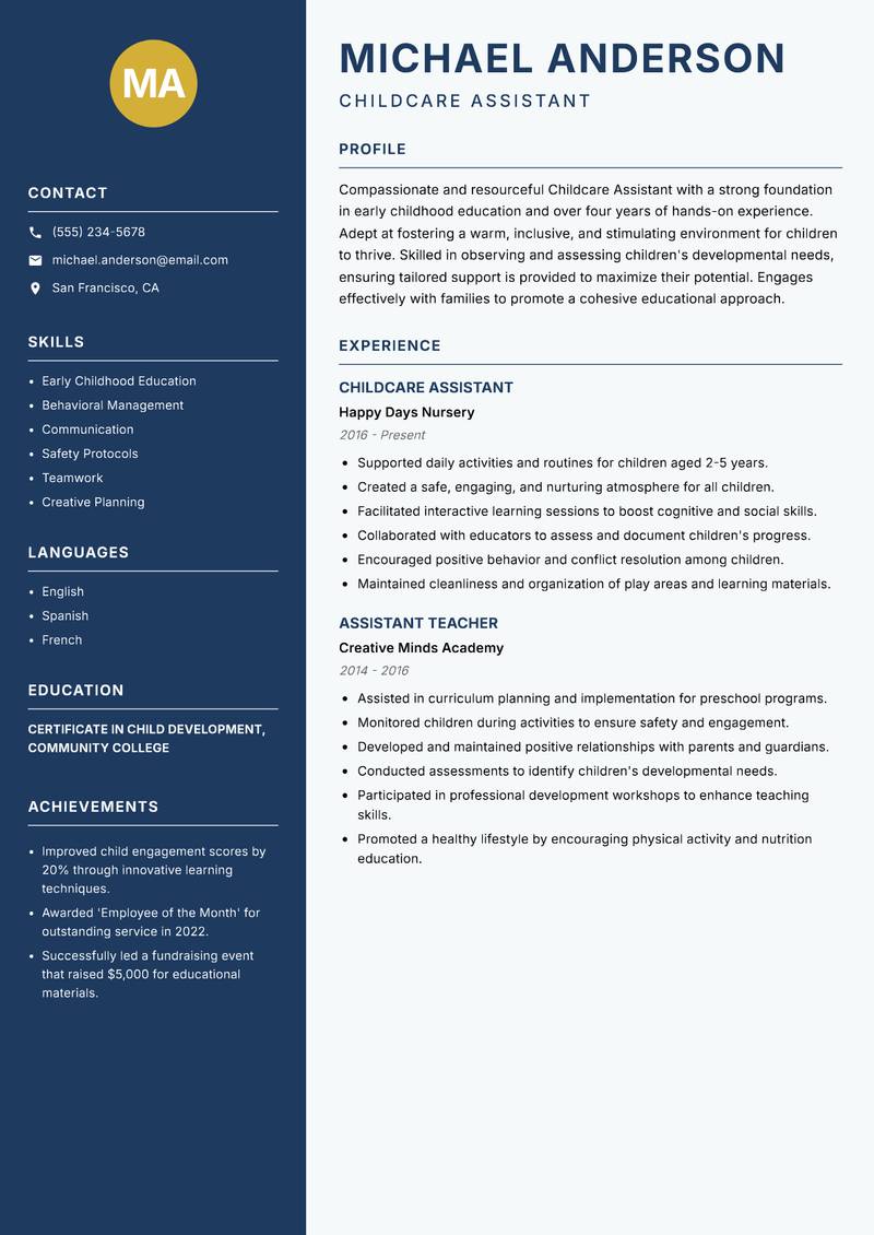 Childcare Assistant resume template — Classic Clean