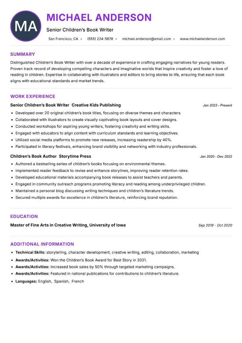 Children’s Book Writer resume example — ATS-friendly template