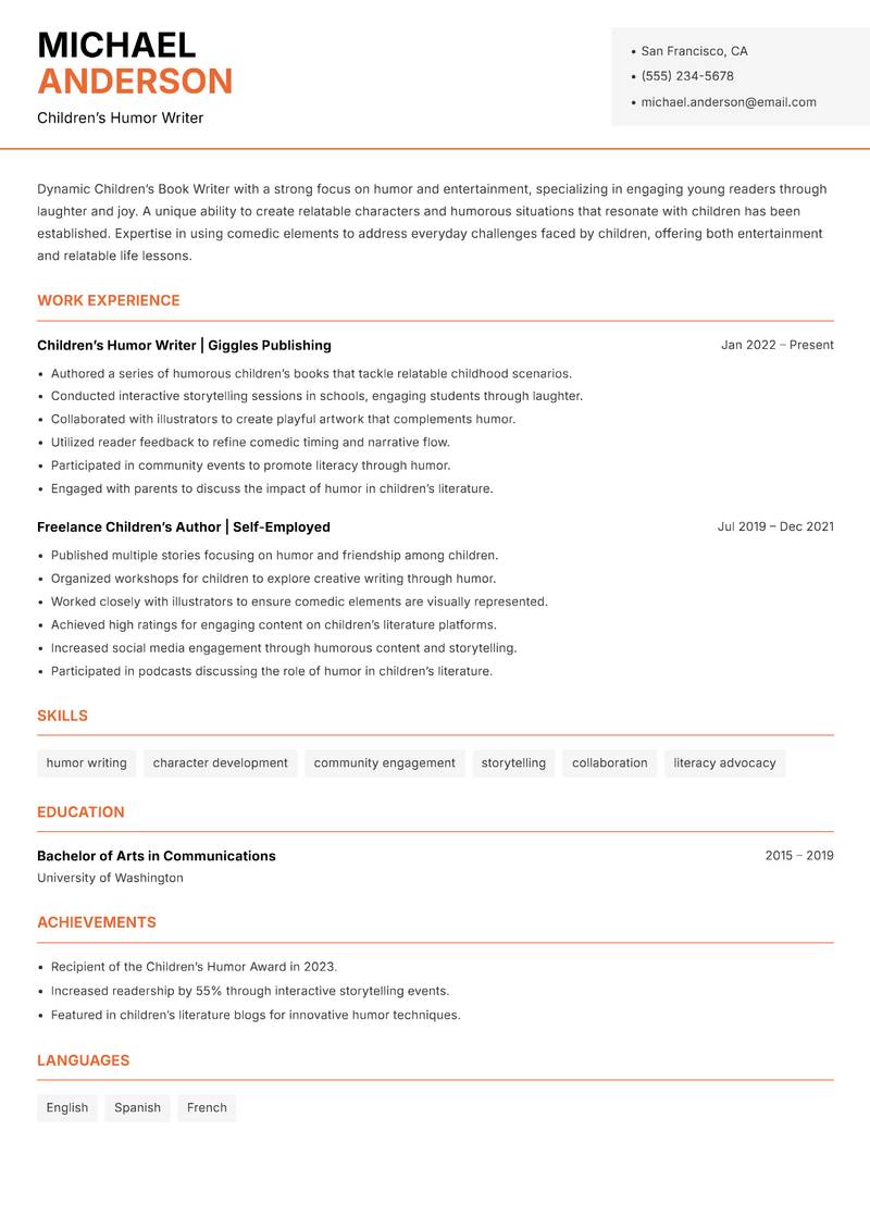 Children’s Book Writer resume template — Modern Professional