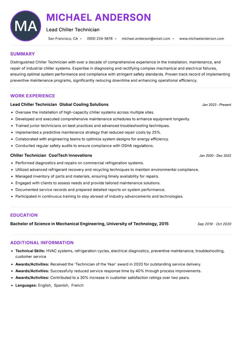 Chiller Technician resume example — ATS-friendly template