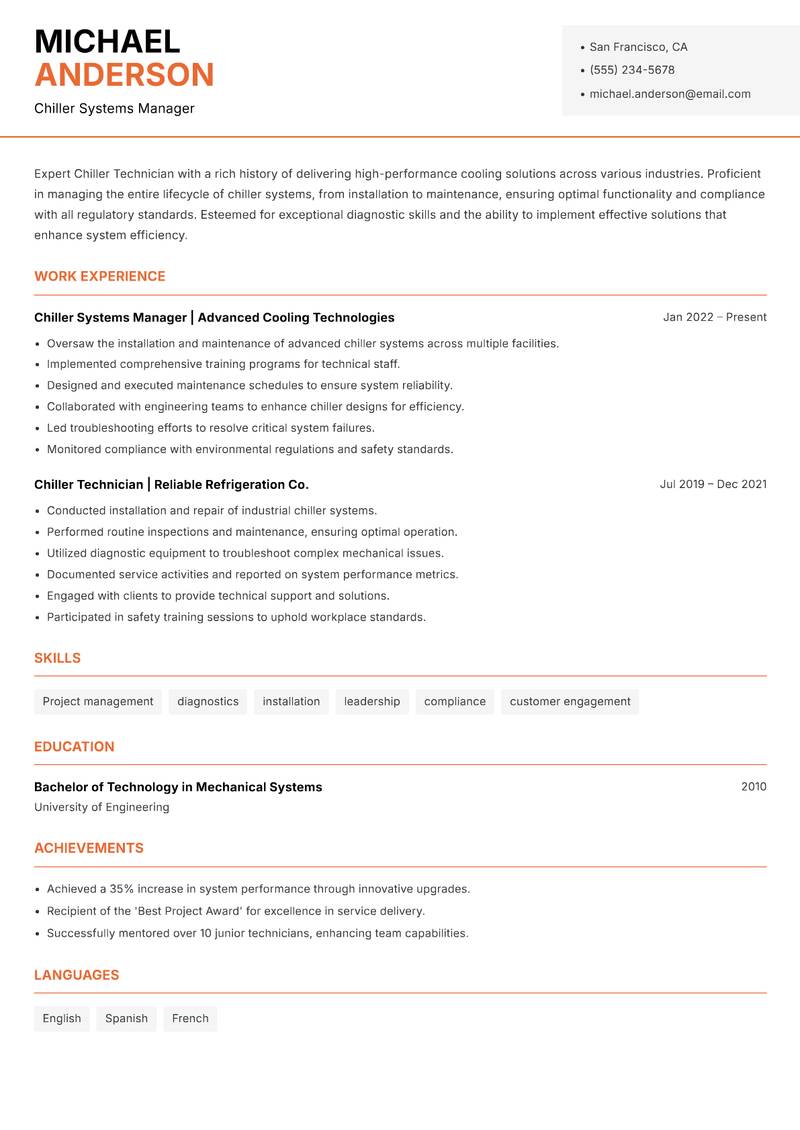 Chiller Technician resume template — Modern Professional