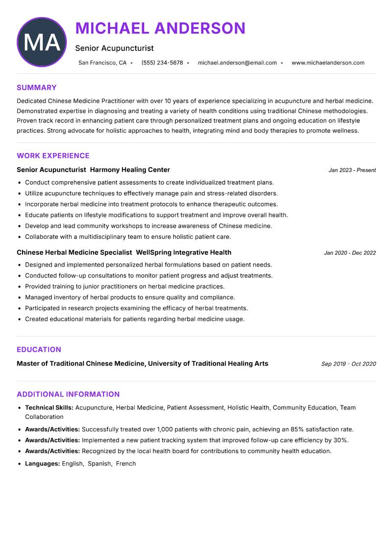 Chinese Medicine Practitioner resume example — ATS-friendly template
