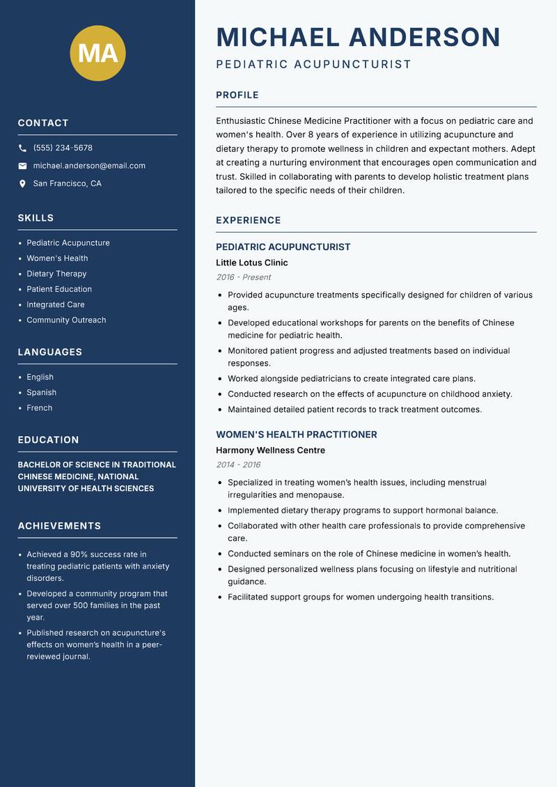 Chinese Medicine Practitioner resume template — Classic Clean