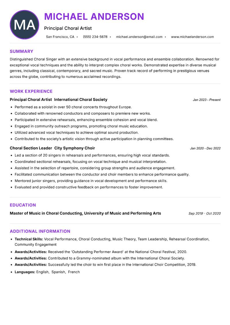 Choral Singer resume example — ATS-friendly template