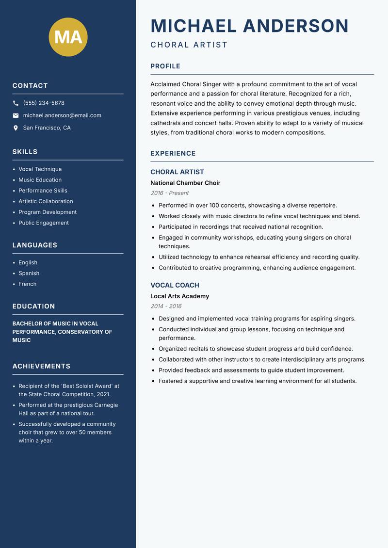 Choral Singer resume template — Classic Clean