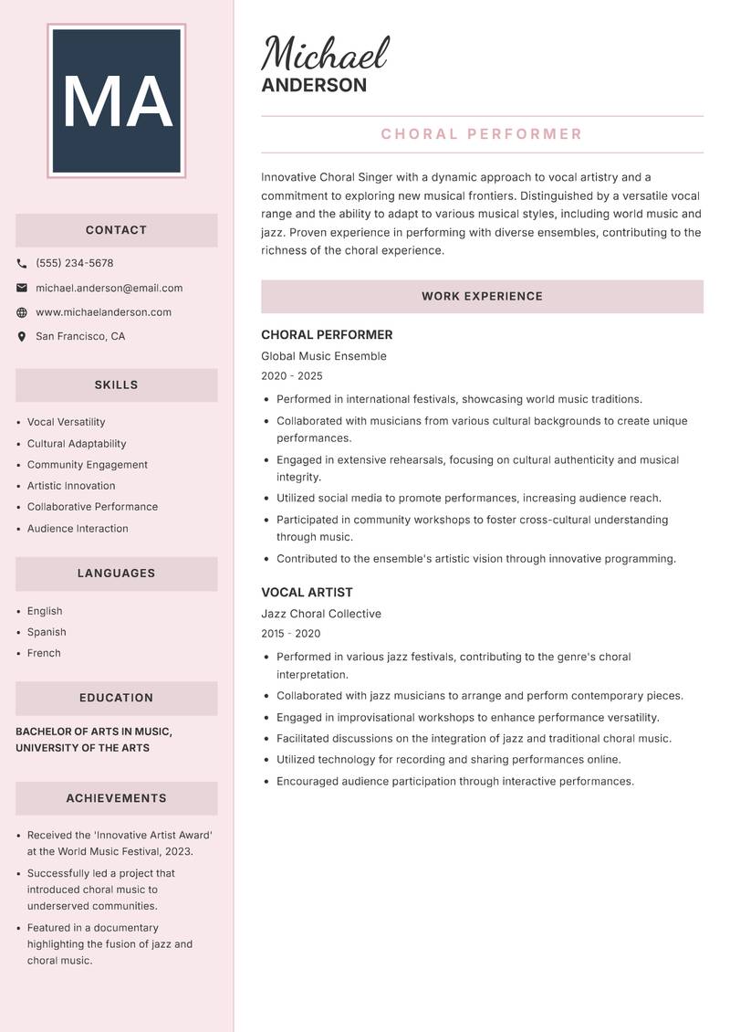 Choral Singer resume template — Executive