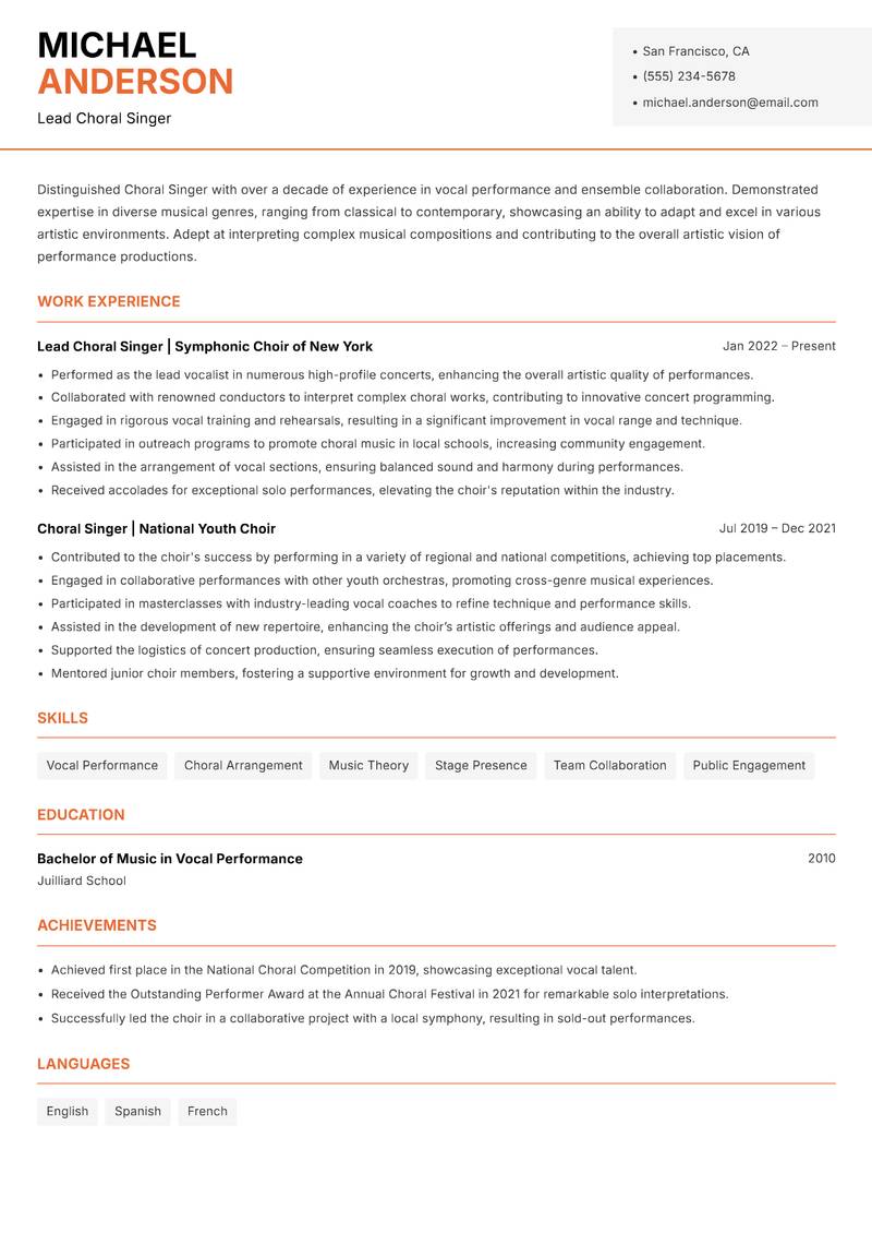 Choral Singer resume template — Modern Professional