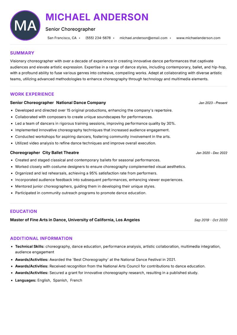 Choreographer resume example — ATS-friendly template