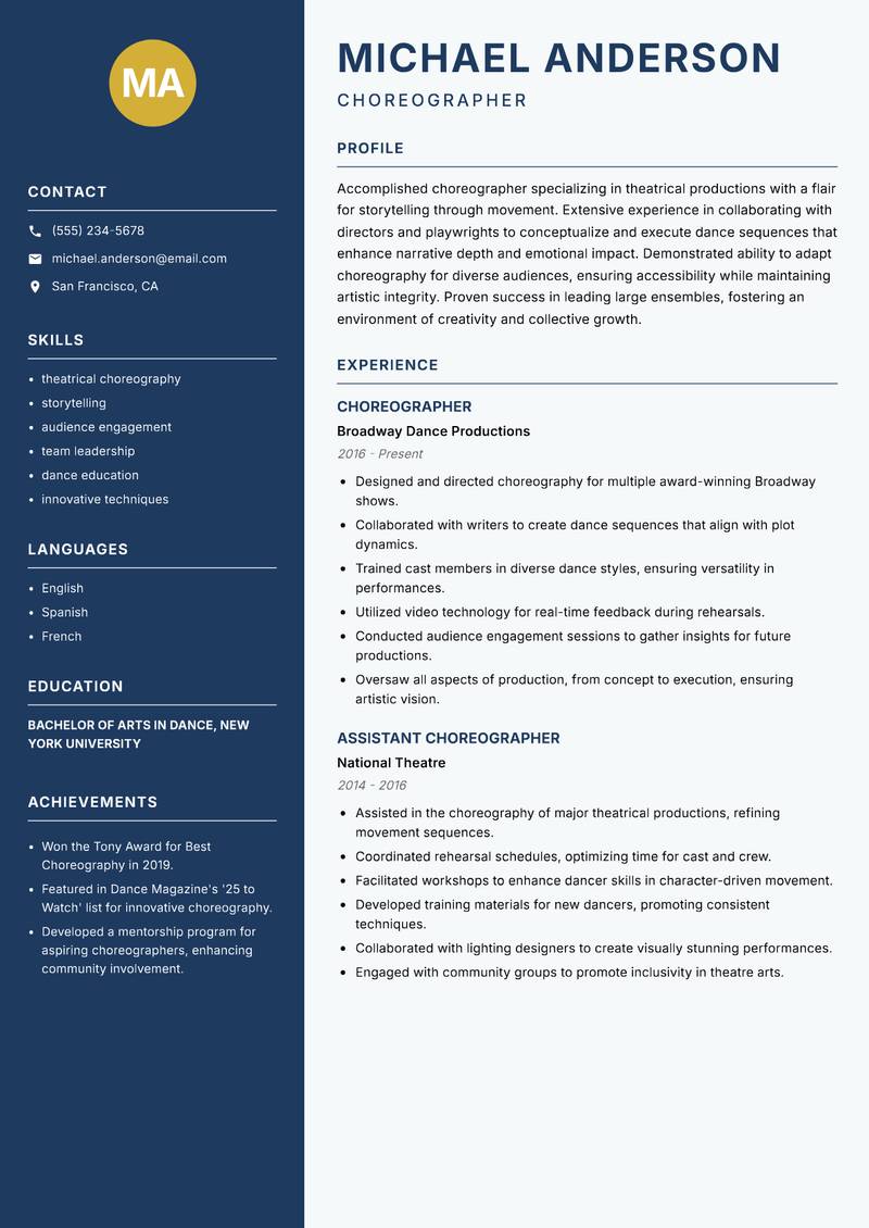 Choreographer resume template — Classic Clean