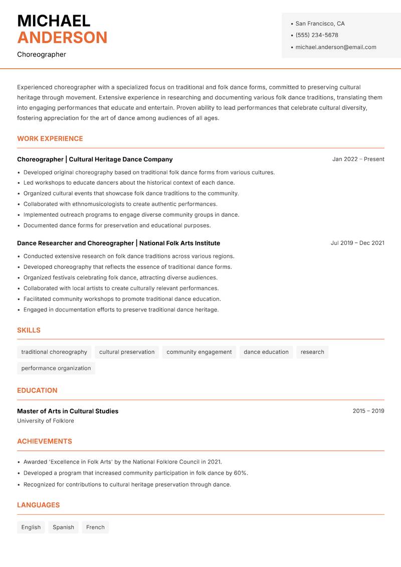 Choreographer resume template — Modern Professional