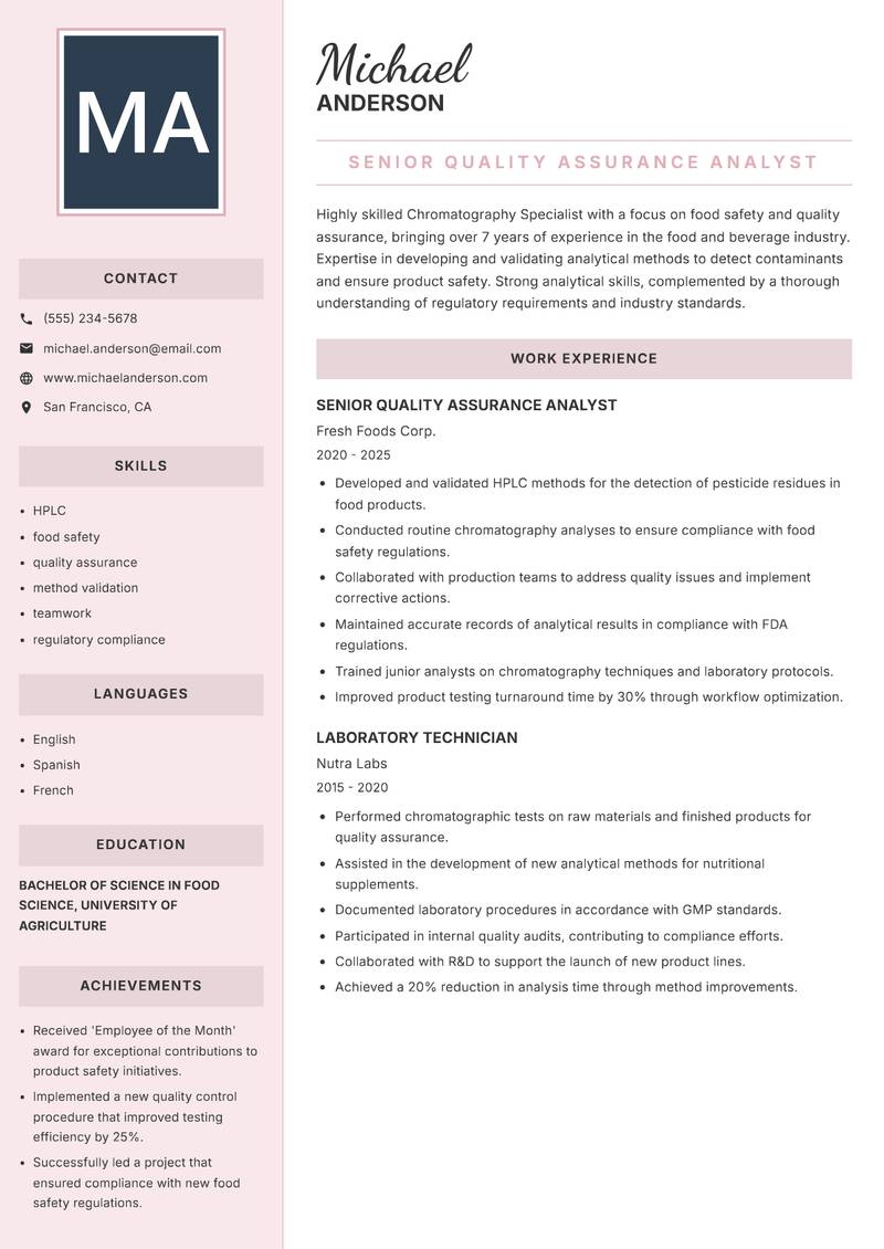 Chromatography Specialist resume template — Executive