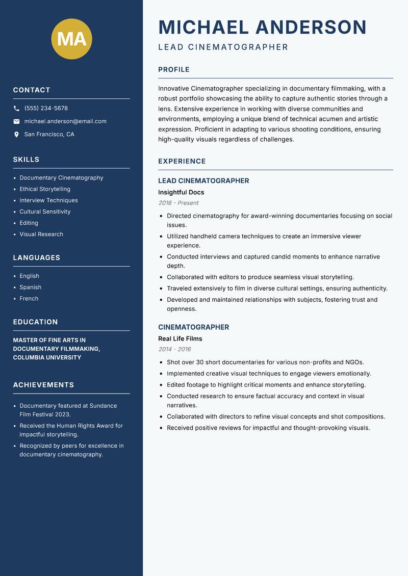 Cinematographer resume template — Classic Clean