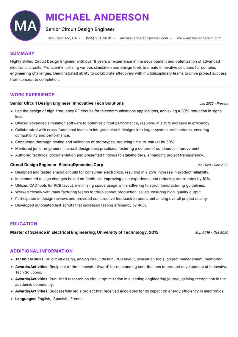 Circuit Design Engineer resume example — ATS-friendly template