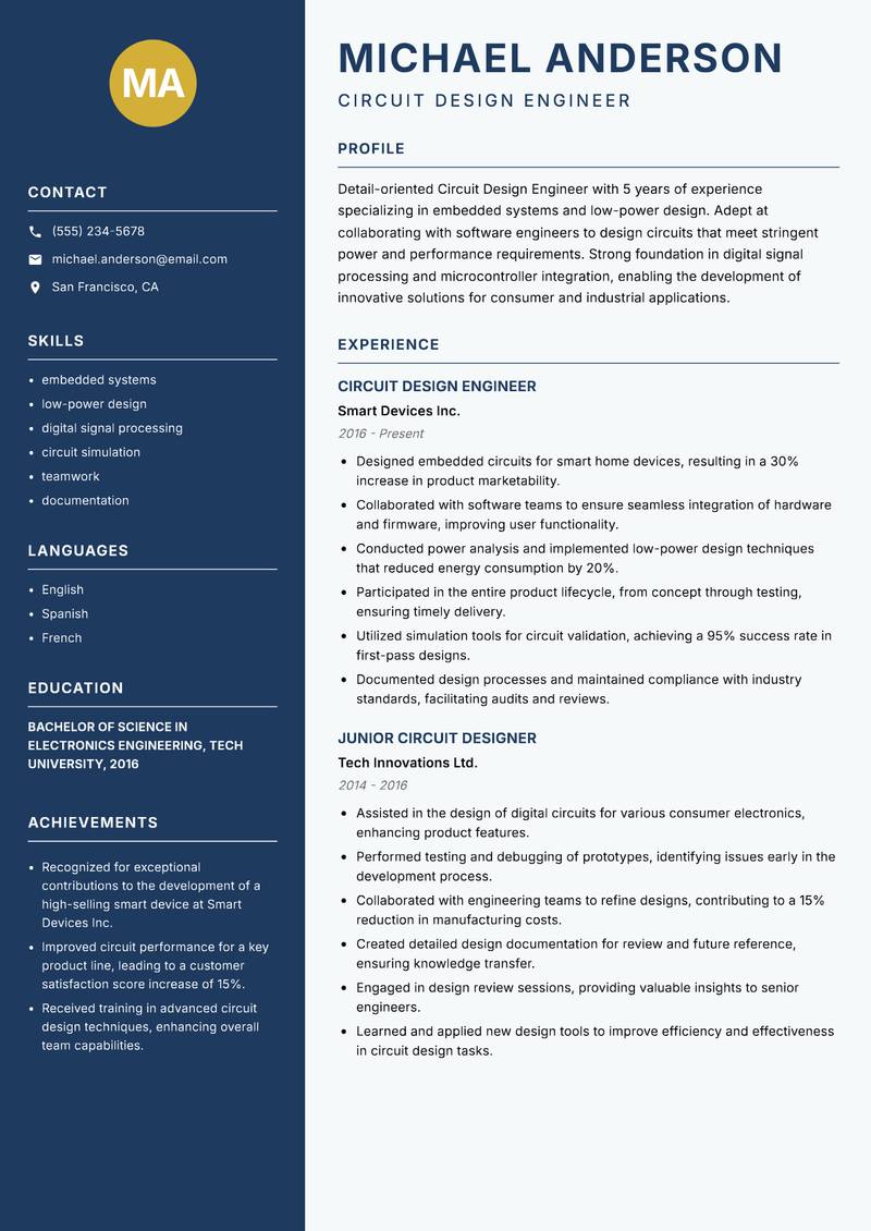 Circuit Design Engineer resume template — Classic Clean