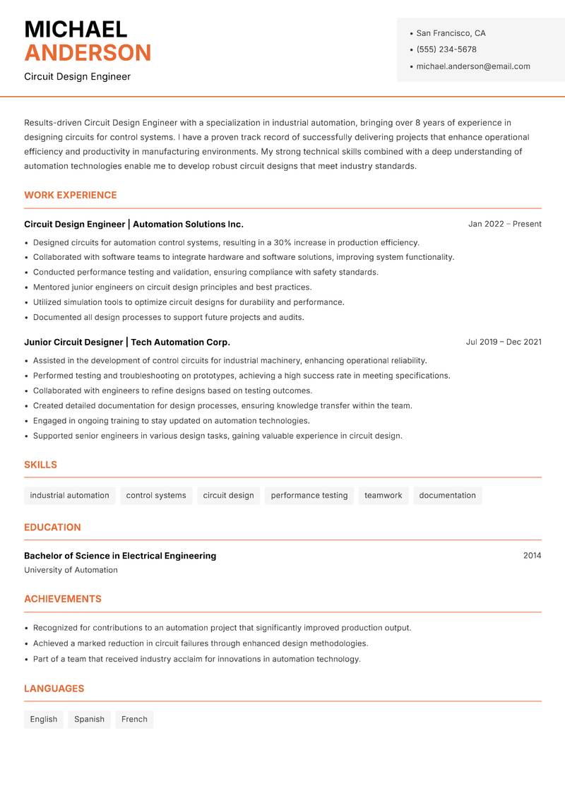 Circuit Design Engineer resume template — Modern Professional