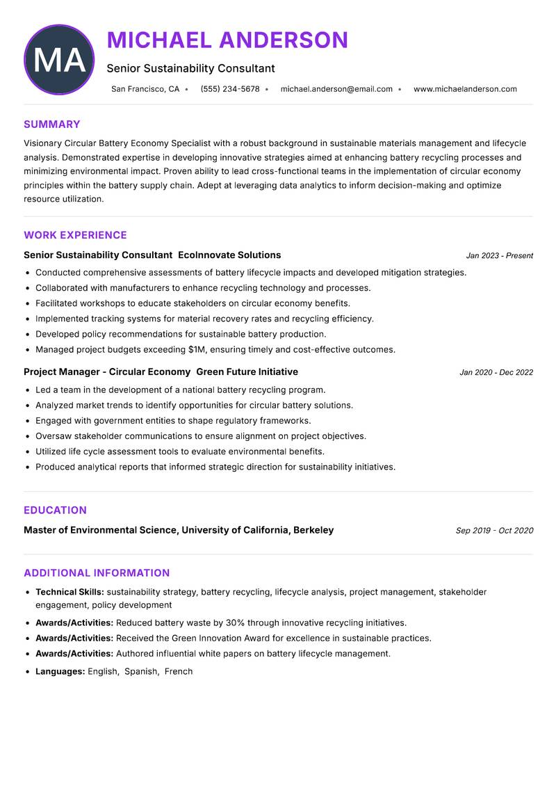 Circular Battery Economy Specialist resume example — ATS-friendly template