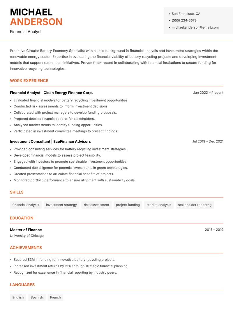 Circular Battery Economy Specialist resume template — Modern Professional