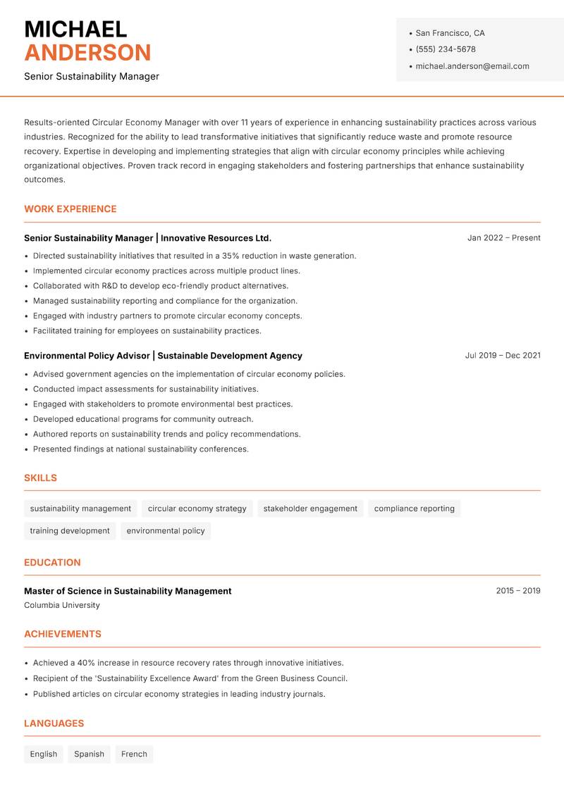 Circular Economy Manager resume template — Modern Professional