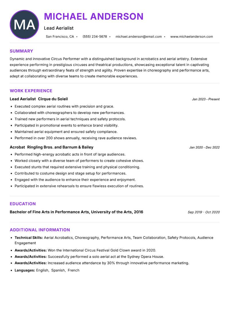 Circus Performer resume example — ATS-friendly template