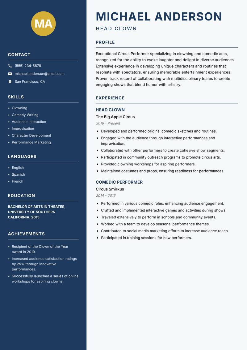 Circus Performer resume template — Classic Clean