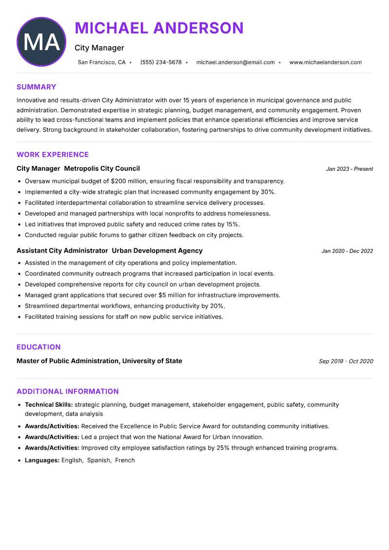 City Administrator resume example — ATS-friendly template