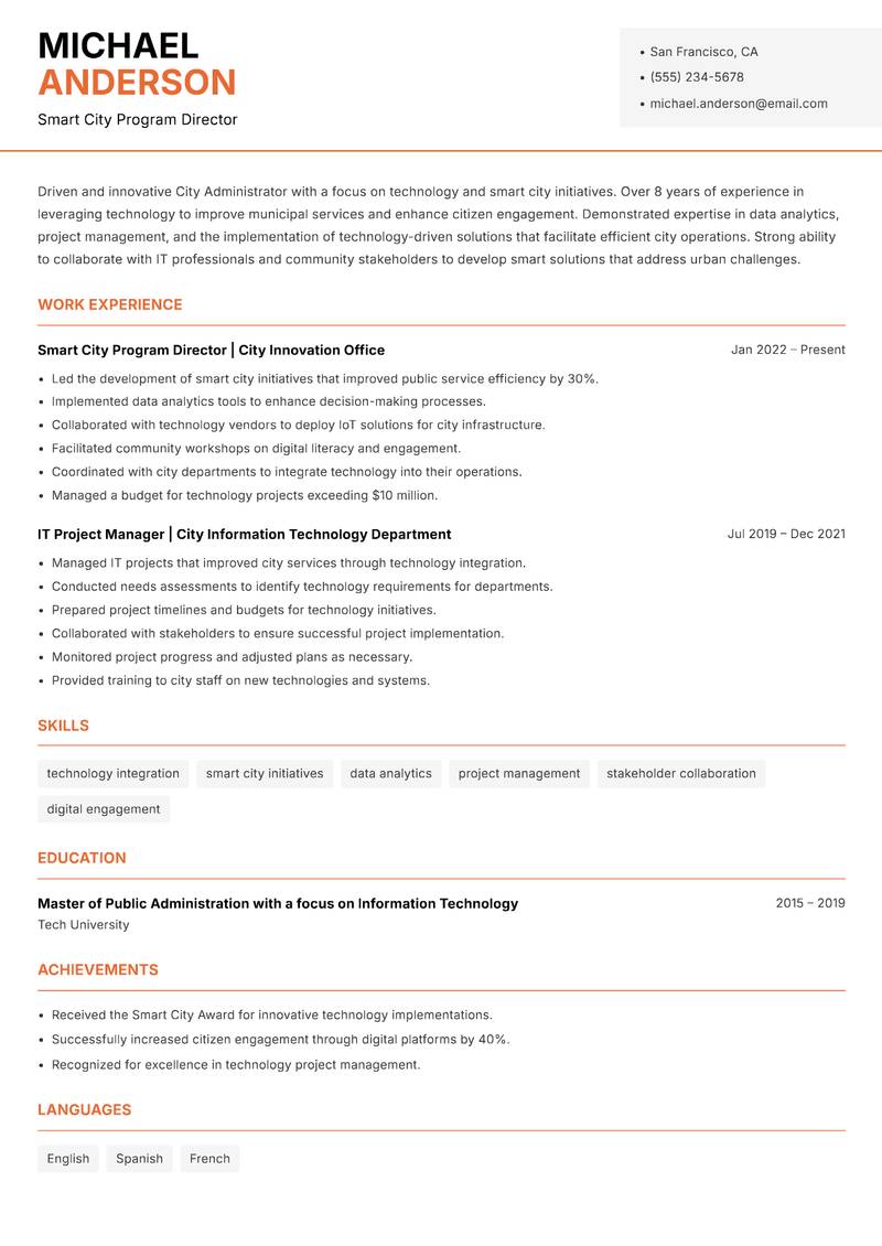 City Administrator resume template — Modern Professional