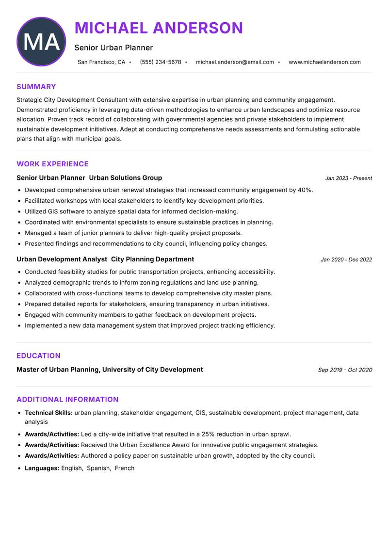 City Development Consultant resume example — ATS-friendly template