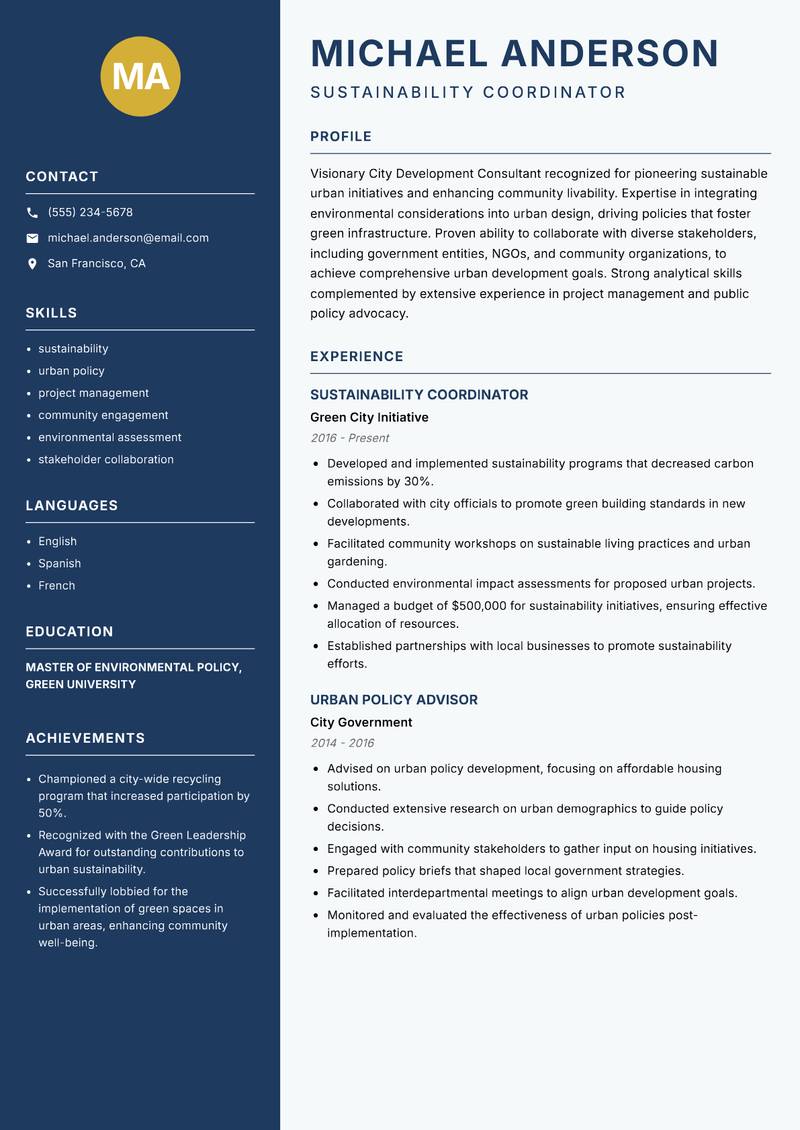 City Development Consultant resume template — Classic Clean