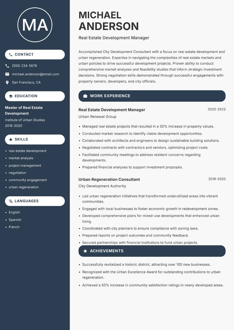 City Development Consultant resume template — Compact