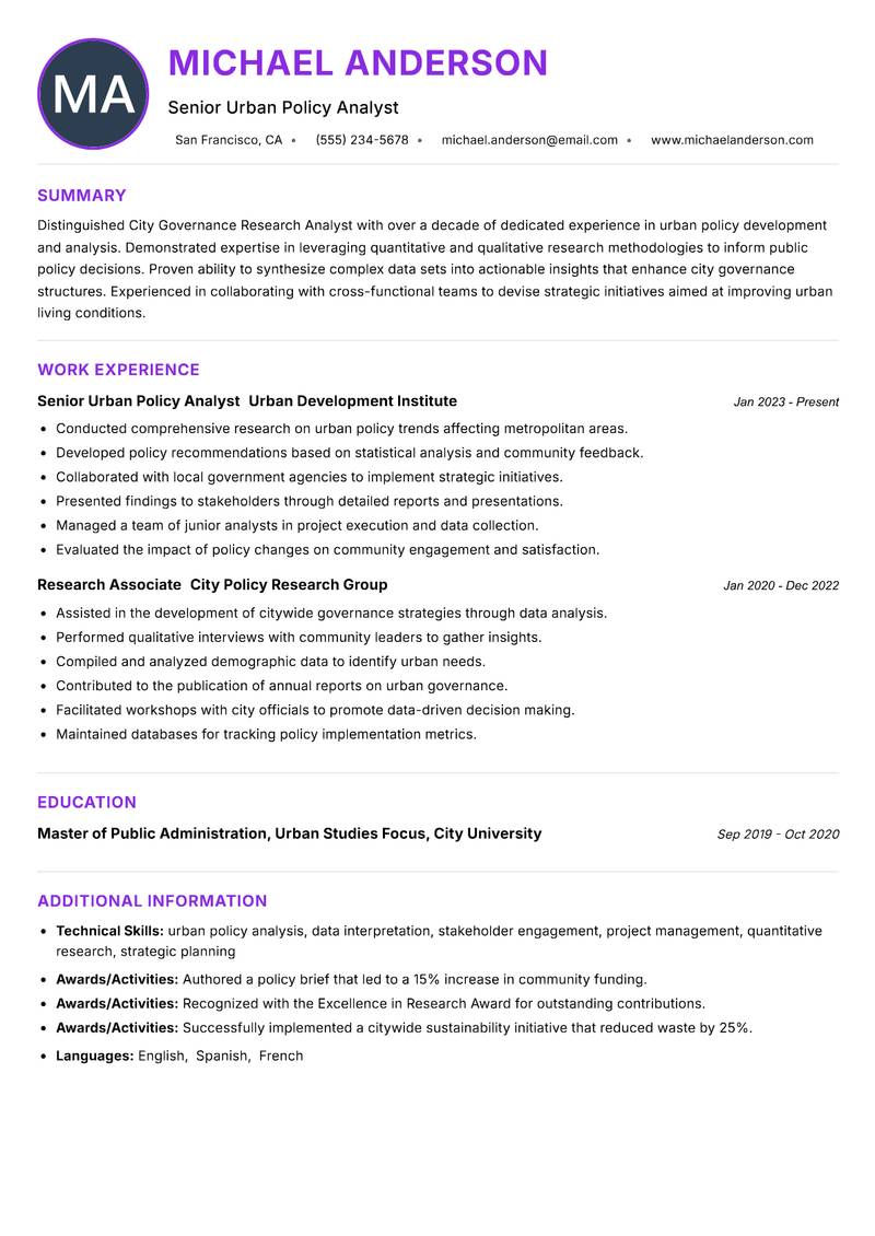 City Governance Research Analyst resume example — ATS-friendly template
